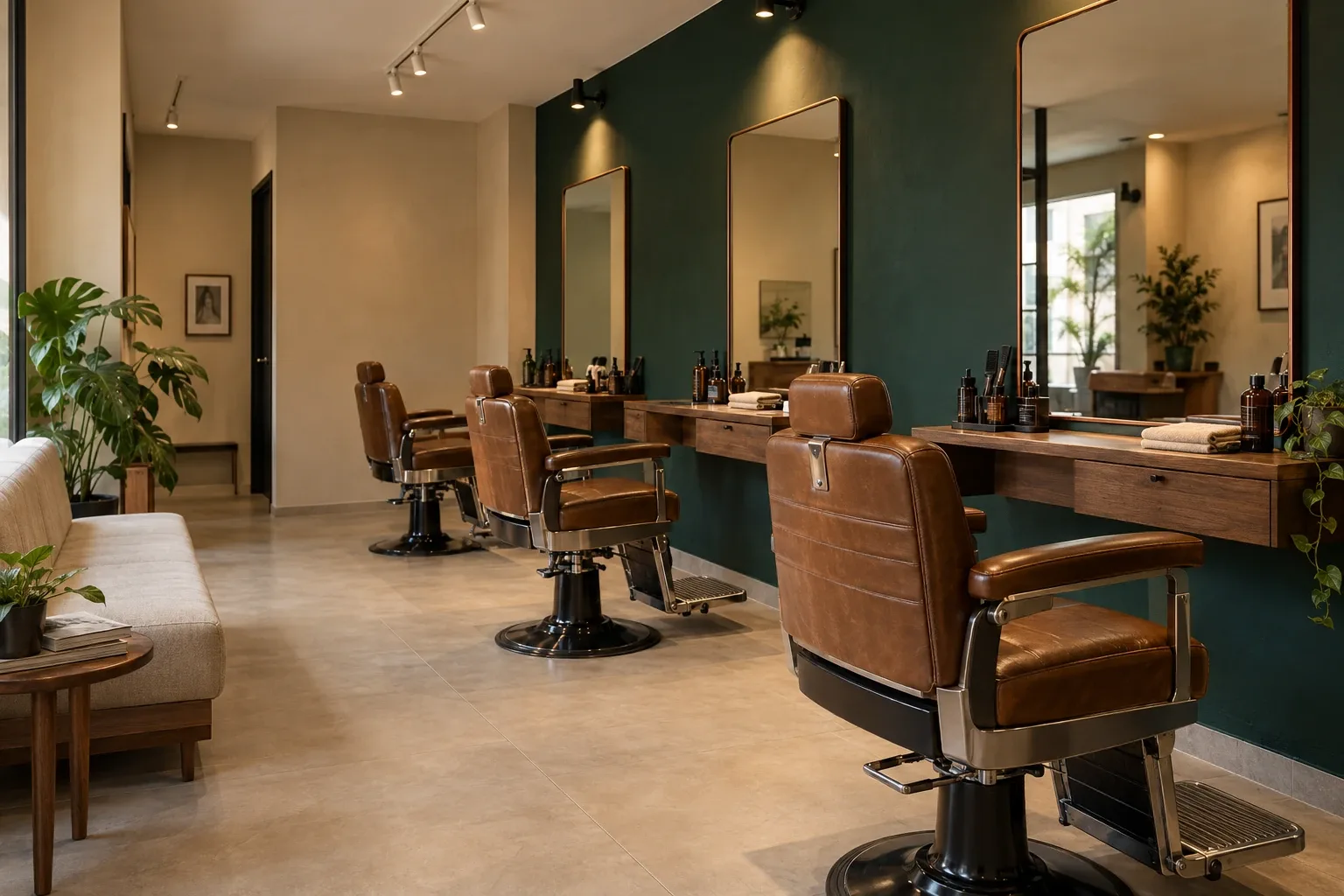 Interior conceitual da Barbearia Vértice com cadeiras, espelhos e parede verde.