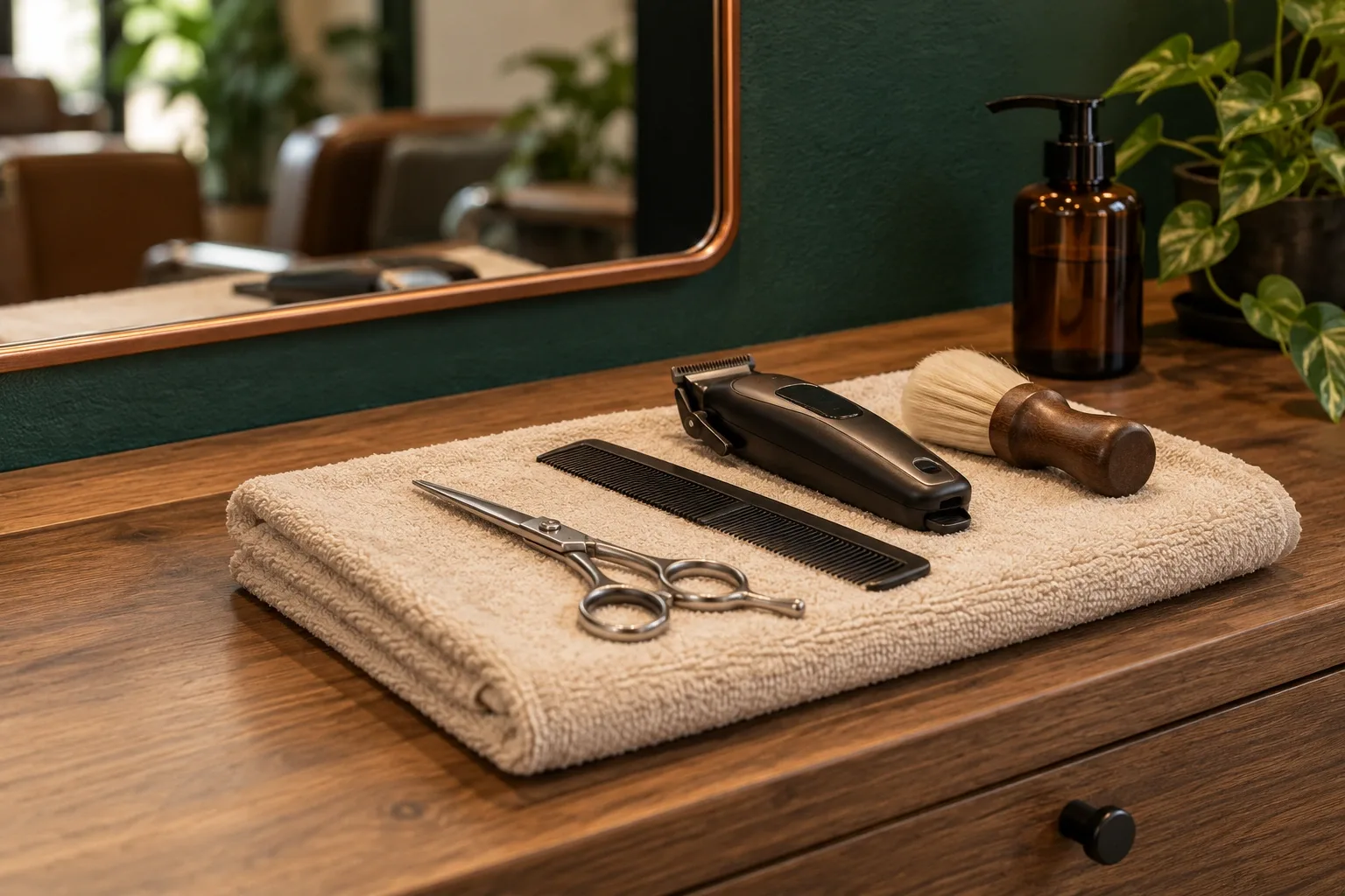 Instrumentos de barbearia organizados para o atendimento.